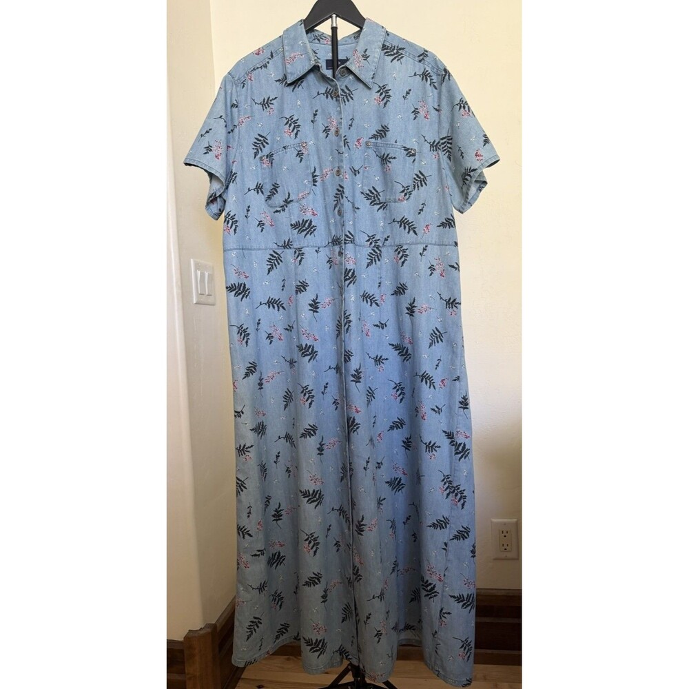 VTG Liz Claiborne Crazy Horse Blue Floral Denim Shirt Dress 2X Grandmacore 90s